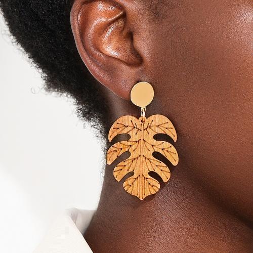 Boucle d'oreille dormeuse en alliage de zinc, avec bois, Placage, pour femme, brun, Vendu par paire