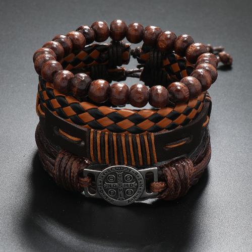 PU Leather Cord Bracelets, with Tibetan Style, plated, 4 pieces & for man, coffee color, Sold By Set