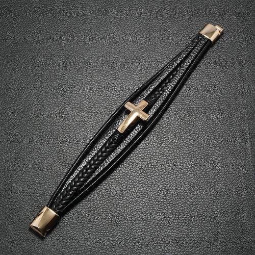 PU Leather Cord Bracelets, with Tibetan Style, multilayer & for man, black, Sold By Set