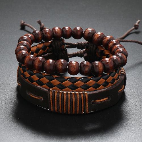 Bracelets cordon PU, cuir PU, avec bois, trois pièces & multicouche & pour homme, couleur de café, Vendu par fixé