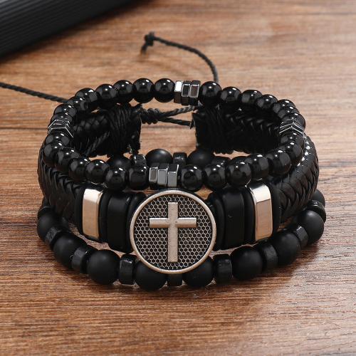 PU Leather Cord Bracelets, with Abrazine Stone & Tibetan Style, three pieces & multilayer & for man, black, Sold By Set