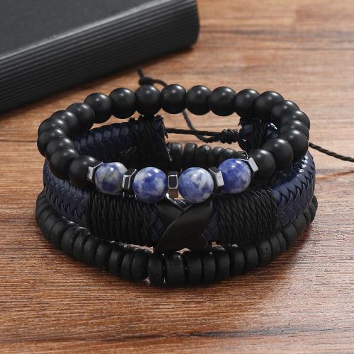 PU Leather Cord Bracelets, with Natural Stone, handmade, three pieces & for man, mixed colors, Sold By Set