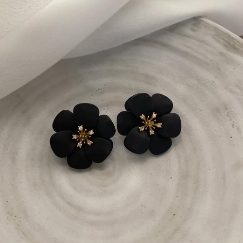 Brass Stud Earring, Flower, fashion jewelry & for woman, black, 39.10x39.10mm, Sold By Pair