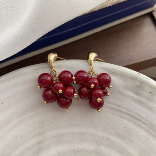 Brass Stud Earring, with Glass Beads, Grape, fashion jewelry & for woman, red, 31x22.30mm, Sold By Pair