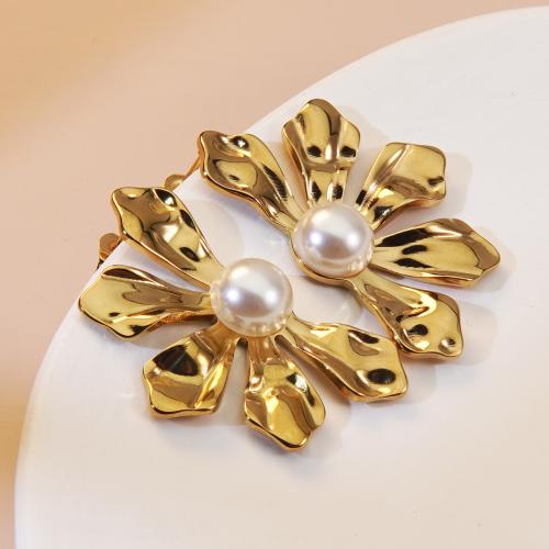 Stainless Steel Stud Earrings, 304 Stainless Steel, with Plastic Pearl, Flower, fashion jewelry & for woman, golden, 41.80x25.40mm, Sold By Pair