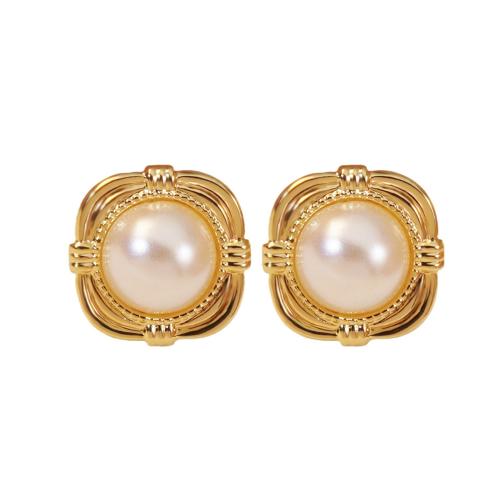 Stainless Steel Stud Earrings, 304 Stainless Steel, with Plastic Pearl, fashion jewelry & for woman, golden, 15.70x15.70mm, Sold By Pair