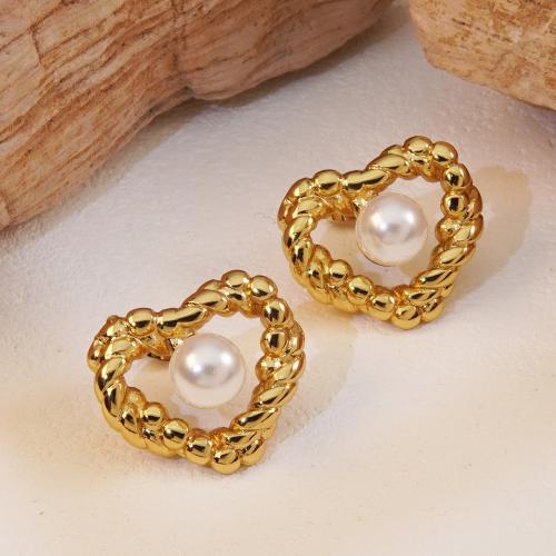 Stainless Steel Stud Earrings, 304 Stainless Steel, with Plastic Pearl, Heart, fashion jewelry & for woman, golden, 19.20x22.50mm, Sold By Pair