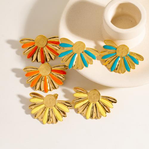 Stainless Steel Stud Earrings, 304 Stainless Steel, Sunflower, Vacuum Ion Plating, fashion jewelry & for woman & enamel, more colors for choice, 42.20x28.80mm, Sold By Pair