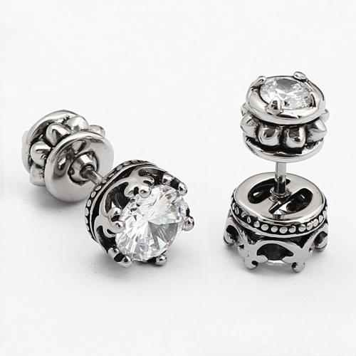 Stainless Steel Stud Earrings, 316 Stainless Steel, with Cubic Zirconia, Round, polished, for man, more colors for choice, Size: Head 9.1*9.1*6.3mm ,Bottom 7.8*7.8*8.2mm, Height 19.6mm, Sold By PC