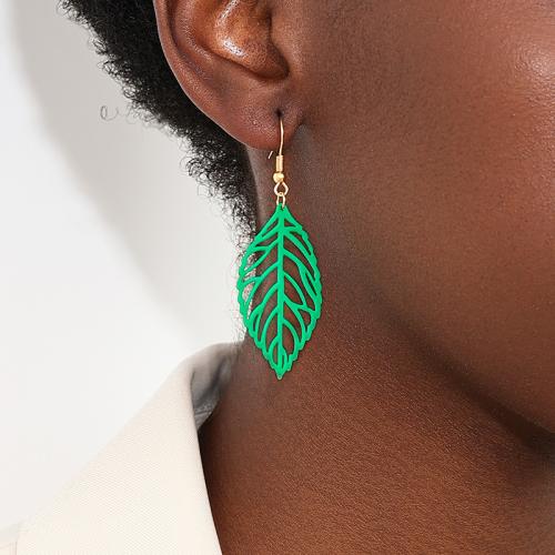 Boucles d'oreilles en alliage de zinc, feuille, Placage, pour femme, vert, Vendu par paire