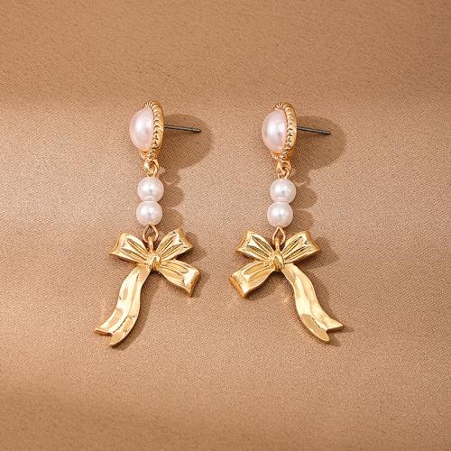 Tibetan Style Stud Earring, with Plastic Pearl, Bowknot, plated, for woman, gold, Sold By Pair