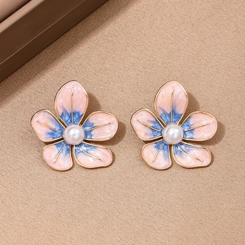 Tibetan Style Stud Earring, with Plastic Pearl, petals, plated, for woman & enamel, pink, Sold By Pair