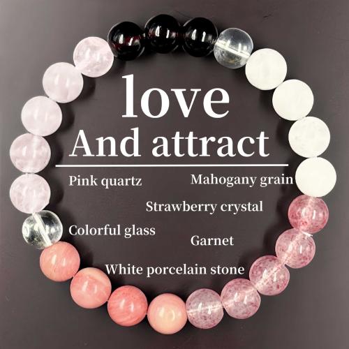 Bracelets de pierres précieuses, quartz rose, avec Des billes de verre & Porcelaine blanche & Strawberry Quartz & grenat, Rond, fait à la main, bijoux de mode & unisexe, Longueur:Environ 6.3-7.87 pouce, Vendu par PC