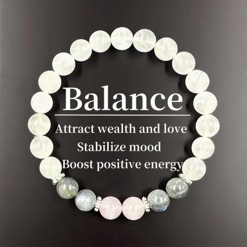 Gemstone Bracelets, Jade White, with Labradorite & Rose Quartz, Round, handmade, fashion jewelry & Unisex, Length:Approx 6.3-7.87 Inch, Sold By PC