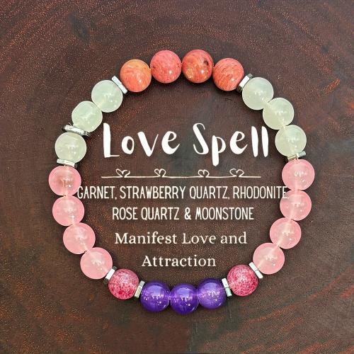 Gemstone Bracelets, Grain Stone, with Moonstone & Rhodochrosite & Strawberry Quartz & Rose Quartz, Round, handmade, fashion jewelry & for woman, Length:Approx 6.3-7.87 Inch, Sold By PC