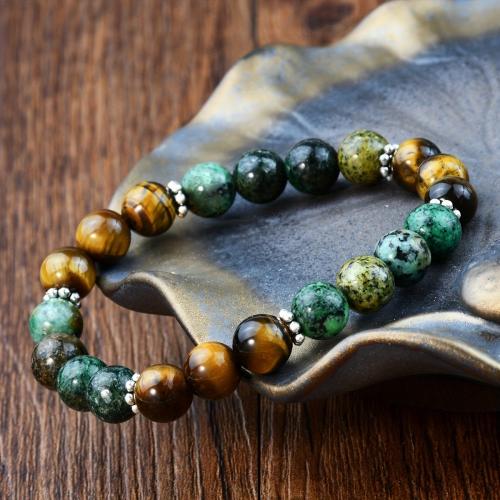 Tiger Eye Bracelet, with African Turquoise, Round, handmade, fashion jewelry & Unisex, Length:Approx 7.08-7.28 Inch, Sold By PC