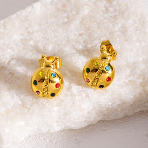 Boucle d'oreille de gaujon en acier inoxydable, Acier inoxydable 304, coccinelle, bijoux de mode & pour femme & avec strass, doré, 9.80x13.30mm, Vendu par paire