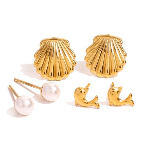 Stainless Steel Stud Earrings, 304 Stainless Steel, with ABS Plastic Pearl, gold color plated, three pieces & fashion jewelry, golden, Sold By Set