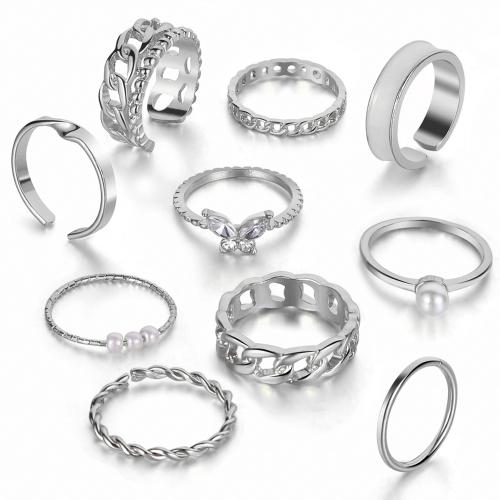 Tibetan Style Finger Ring, with Crystal & Plastic Pearl, plated, 10 pieces & fashion jewelry, more colors for choice, nickel, lead & cadmium free, Sold By Set