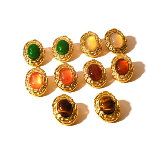 Stainless Steel Stud Earrings, 304 Stainless Steel, with Gemstone, gold color plated, fashion jewelry, more colors for choice, Sold By Pair