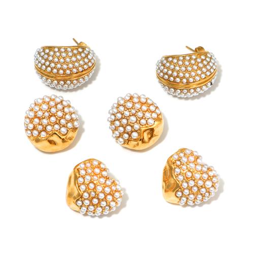 Stainless Steel Stud Earrings, 304 Stainless Steel, with Plastic Pearl, gold color plated, fashion jewelry & different designs for choice, golden, Sold By Pair