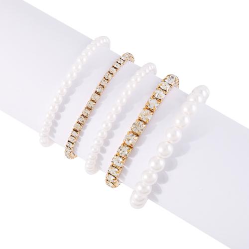 Iron Bracelet, with Plastic Pearl, plated, 5 pieces & fashion jewelry & with rhinestone, more colors for choice, nickel, lead & cadmium free, Sold By Set