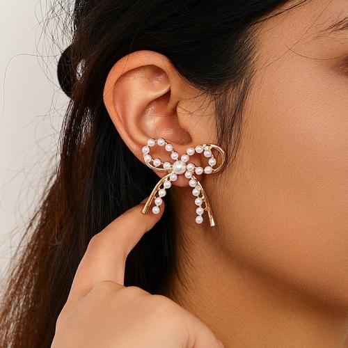 Tibetan Style Stud Earring, with Plastic Pearl, Bowknot, plated, for woman, gold, Sold By Pair