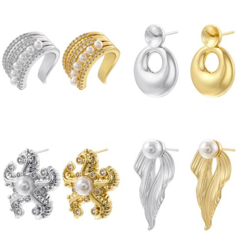 Cubic Zirconia Micro Pave Brass Earring, with Plastic Pearl, plated, different styles for choice & micro pave cubic zirconia & for woman, more colors for choice, Sold By Pair