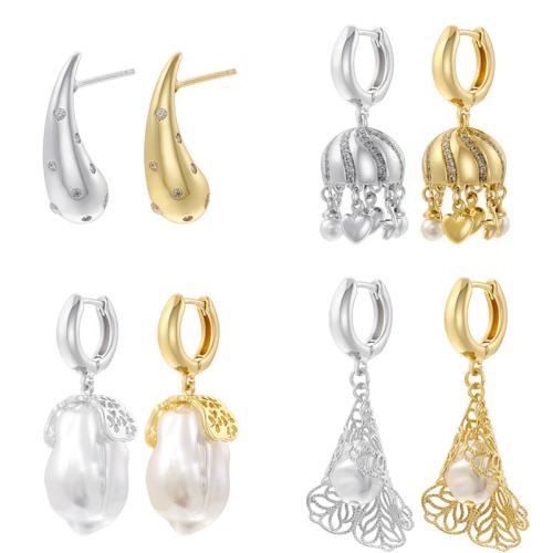 Cubic Zirconia Micro Pave Brass Earring, with Plastic Pearl, plated, different styles for choice & micro pave cubic zirconia & for woman, more colors for choice, Sold By Pair