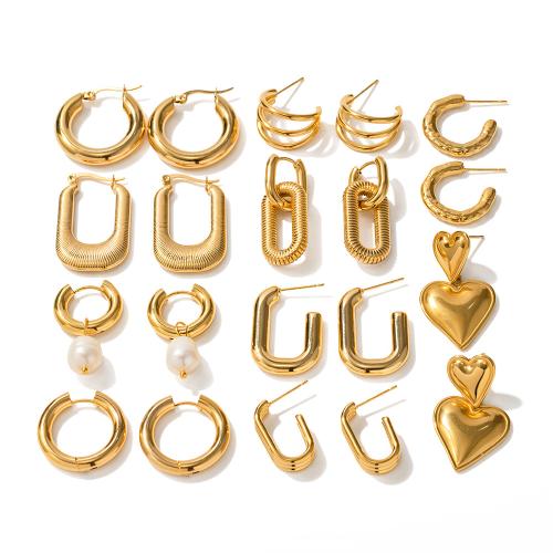 Stainless Steel Stud Earrings, 304 Stainless Steel, with Plastic Pearl, plated, different styles for choice & for woman, golden, Sold By Pair