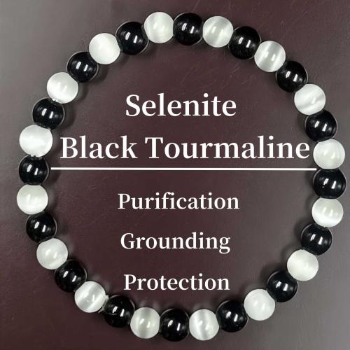 Tourmaline noire bracelet, avec cristal, Rond, fait à la main, bijoux de mode & unisexe, Longueur:Environ 6.3-7.87 pouce, Vendu par PC