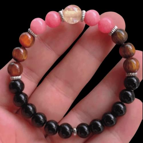 Obsidian Bracelet, with Carnelian & Tiger Eye & Amber, Round, handmade, fashion jewelry & Unisex, beads length 8mm, Length:Approx 6.3-7.87 Inch, Sold By PC