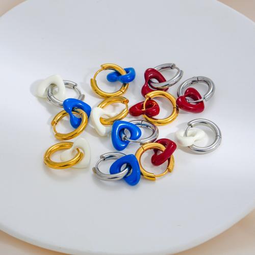 Huggie Hoop Drop Earring, 304 Stainless Steel, Heart, plated, for woman & enamel, more colors for choice, Sold By Pair