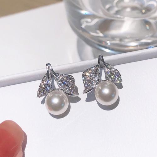 Cubic Zirconia Micro Pave Brass Earring, with Plastic Pearl, Leaf, plated, fashion jewelry & micro pave cubic zirconia & for woman, more colors for choice, Sold By Pair