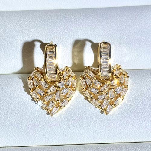 Boucles d'oreilles en laiton zircon cubique pavent, coeur, Placage, pavé de micro zircon & pour femme & creux, Vendu par paire