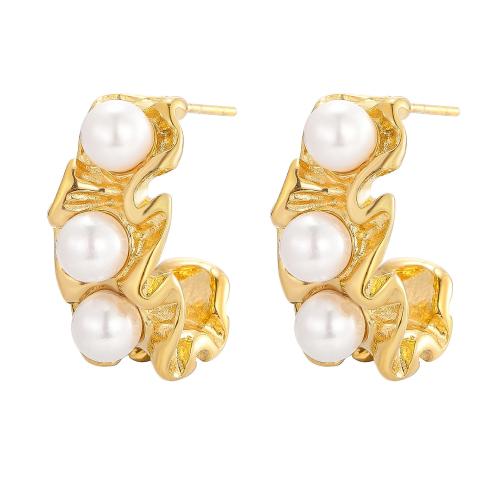 Stainless Steel Stud Earrings, 304 Stainless Steel, with Plastic Pearl, 18K gold plated, fashion jewelry & for woman, Sold By Pair