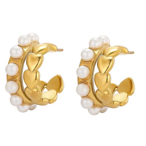 Stainless Steel Stud Earrings, 304 Stainless Steel, with Plastic Pearl, 18K gold plated, fashion jewelry & for woman & hollow, Sold By Pair