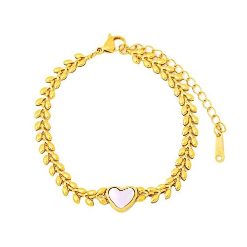 Stainless Steel Jewelry Bracelet, 304 Stainless Steel, with White Shell, with 5cm extender chain, 18K gold plated, fashion jewelry & for woman & double-sided, Inner diameter: length 5.8cm, width 4.8cm., Length:16 cm, Sold By PC