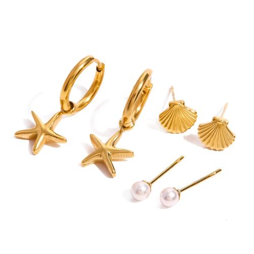 Stainless Steel Stud Earrings, 304 Stainless Steel, with ABS Plastic Pearl, gold color plated, three pieces & fashion jewelry, golden, Sold By Set