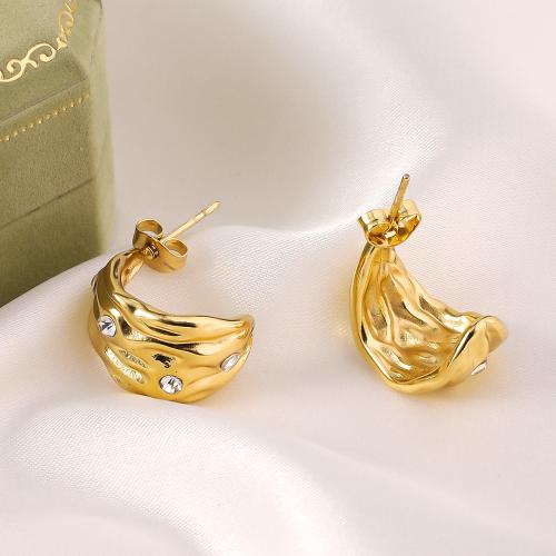 Titanium Steel  Earring, gold color plated, fashion jewelry & with rhinestone, golden, 24x23mm, Sold By Pair