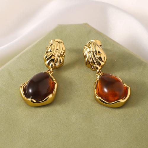 Titanium Steel  Earring, with Gemstone, gold color plated, fashion jewelry, golden, 10x34mm, Sold By Pair