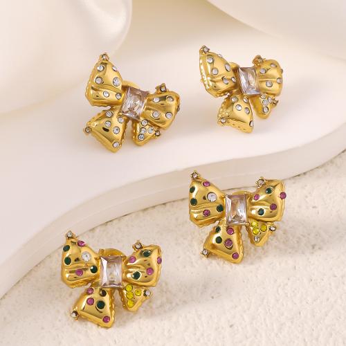 Boucle d'oreille Acier Titane, Noeud papillon, Placage de couleur d'or, bijoux de mode & avec strass, plus de couleurs à choisir, 20x18mm, Vendu par paire