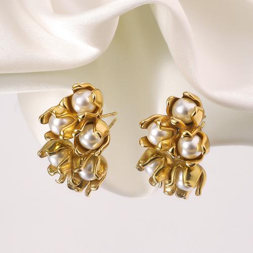 Boucle d'oreille Acier Titane, avec Shell Pearl, Placage de couleur d'or, bijoux de mode, doré, 11x11mm, Vendu par paire