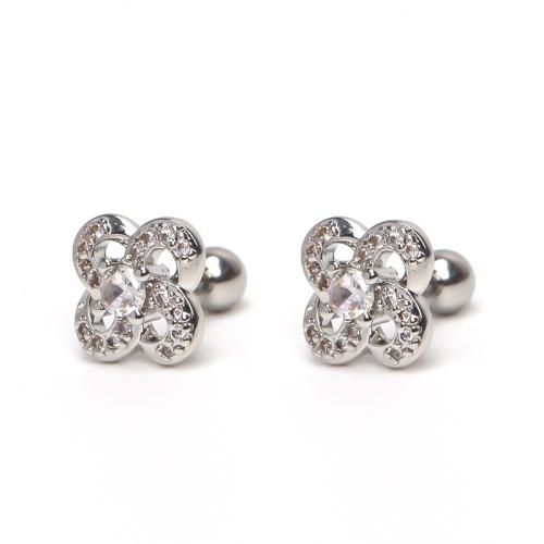 Stainless Steel Stud Earrings, 304 Stainless Steel, Flower, plated, micro pave cubic zirconia & for woman & hollow, more colors for choice, Sold By PC