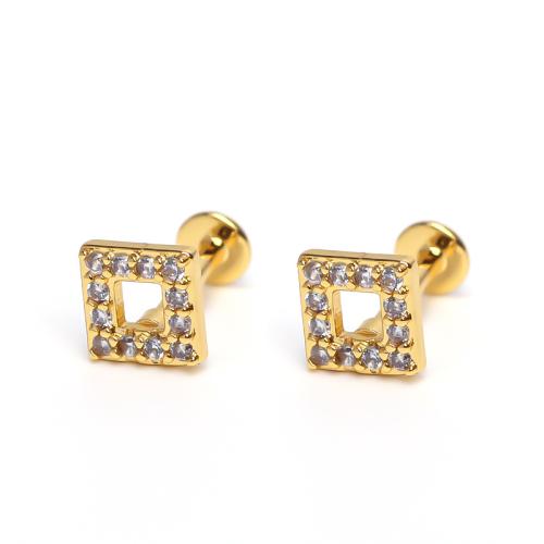 Stainless Steel Stud Earrings, 304 Stainless Steel, Square, plated, for woman & with rhinestone & hollow, more colors for choice, Sold By PC