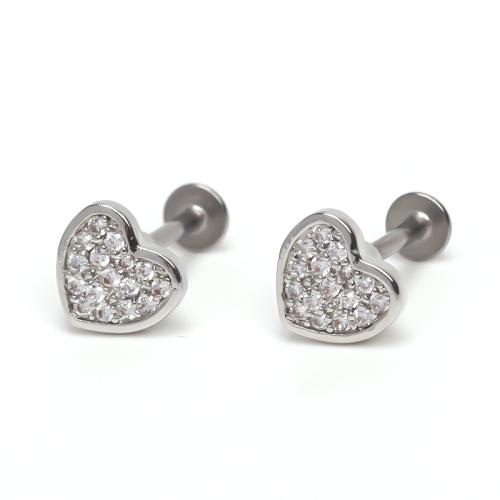 Boucle d'oreille de gaujon en acier inoxydable, Acier inoxydable 304, coeur, Placage, bijoux de mode & pavé de micro zircon & pour femme, plus de couleurs à choisir, Vendu par PC