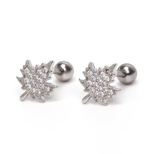 Stainless Steel Stud Earrings, 304 Stainless Steel, Leaf, plated, fashion jewelry & Unisex & micro pave cubic zirconia, silver color, Sold By PC