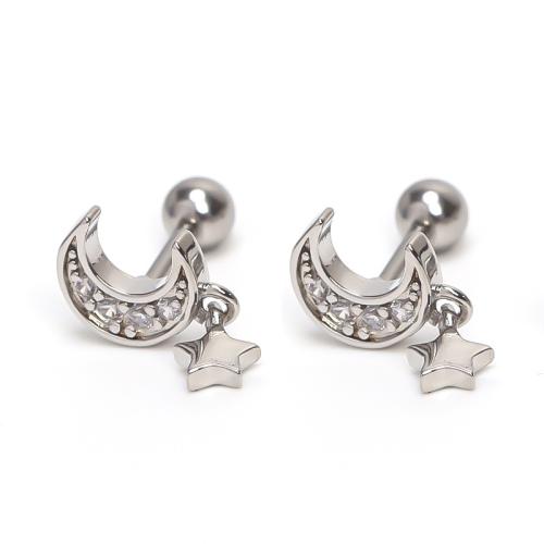 Stainless Steel Stud Earrings, 304 Stainless Steel, Moon and Star, plated, fashion jewelry & for woman & with rhinestone, silver color, Sold By PC