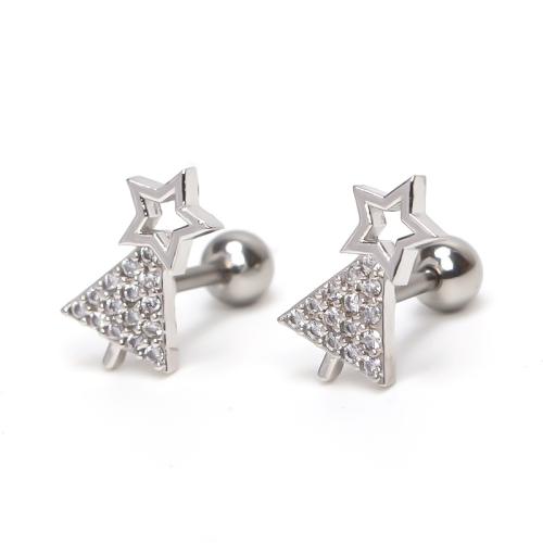 Stainless Steel Stud Earrings, 304 Stainless Steel, Christmas Tree, plated, micro pave cubic zirconia & for woman & hollow, silver color, Sold By PC