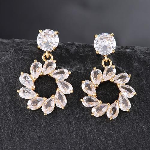 Boucle d'oreille de gaujon en acier inoxydable, Acier inoxydable 304, fleur, Placage, pavé de micro zircon & pour femme & creux, doré, Vendu par paire